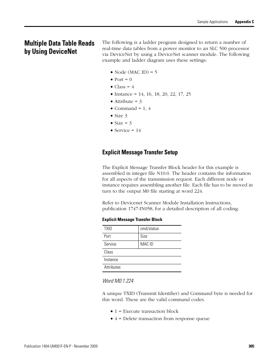 Multiple data table reads by using devicenet, Explicit message transfer block, Explicit message transfer setup | Rockwell Automation 1404-M4_M5_M6_M8 Powermonitor 3000 User Manual, Firmware rev. 3.0 or LATER User Manual | Page 305 / 356