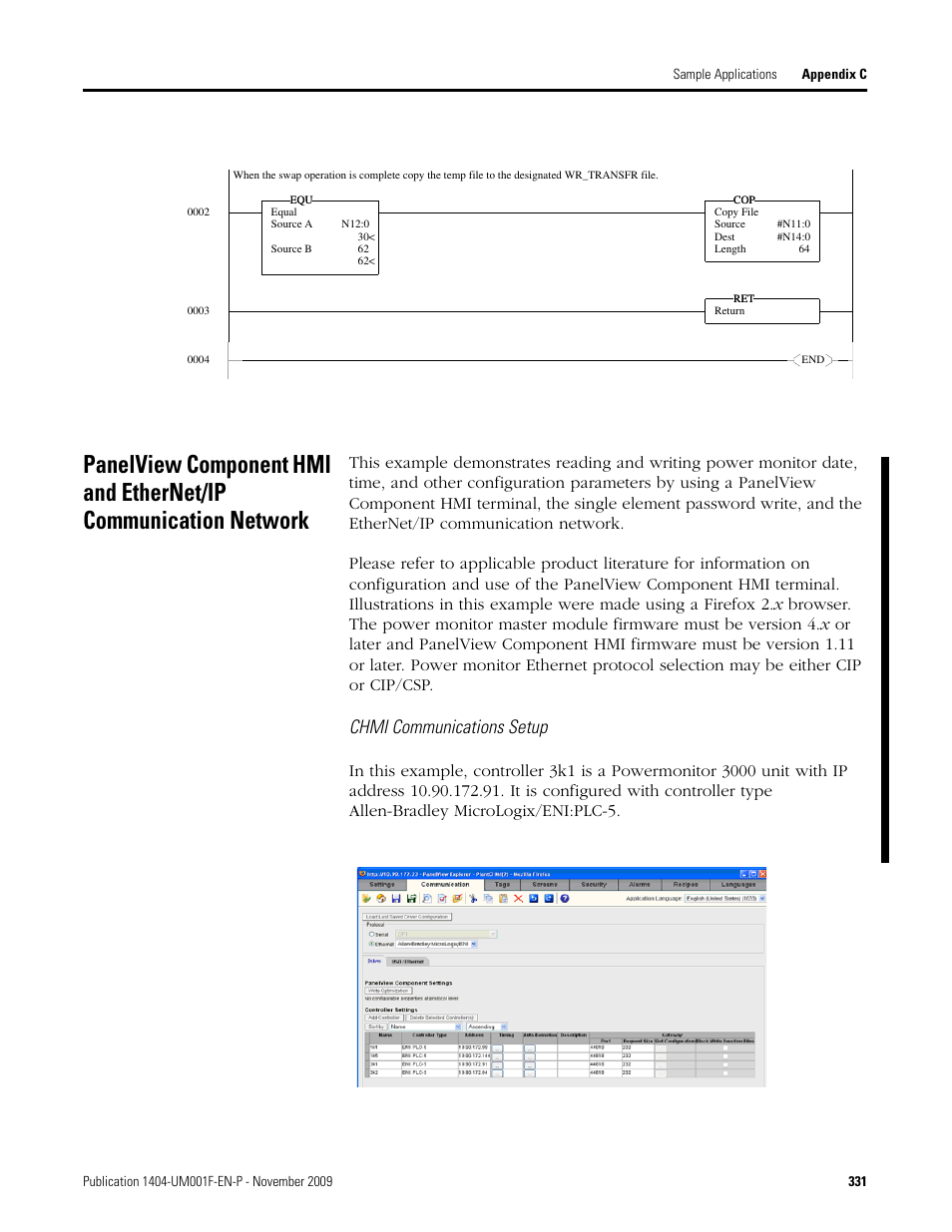 Panelview component hmi and ethernet/ip, Chmi communications setup | Rockwell Automation 1404-M4_M5_M6_M8 Powermonitor 3000 User Manual, Firmware rev. 3.0 or LATER User Manual | Page 331 / 356