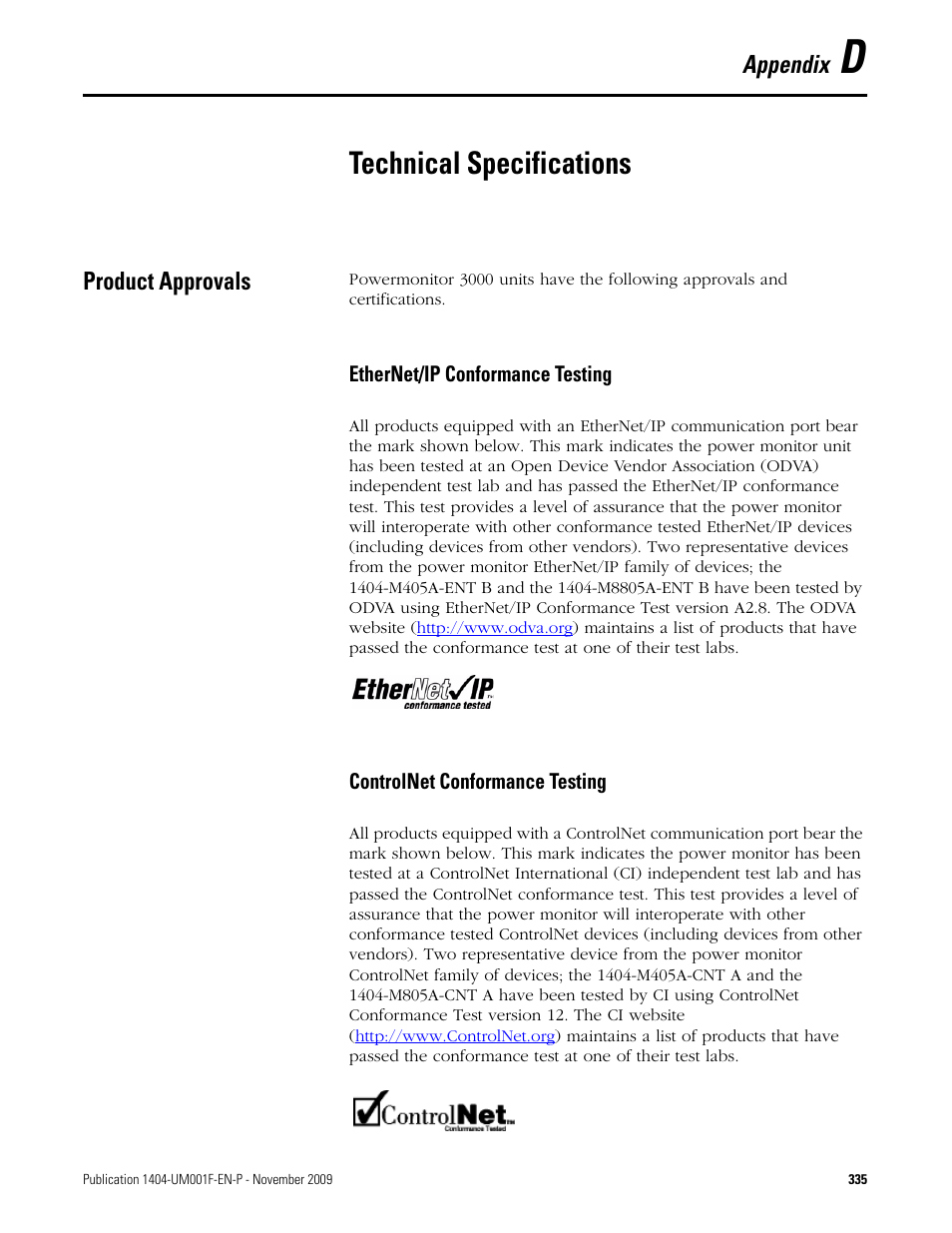 D - technical specifications, Product approvals, Appendix d | Technical specifications, Appendix | Rockwell Automation 1404-M4_M5_M6_M8 Powermonitor 3000 User Manual, Firmware rev. 3.0 or LATER User Manual | Page 335 / 356