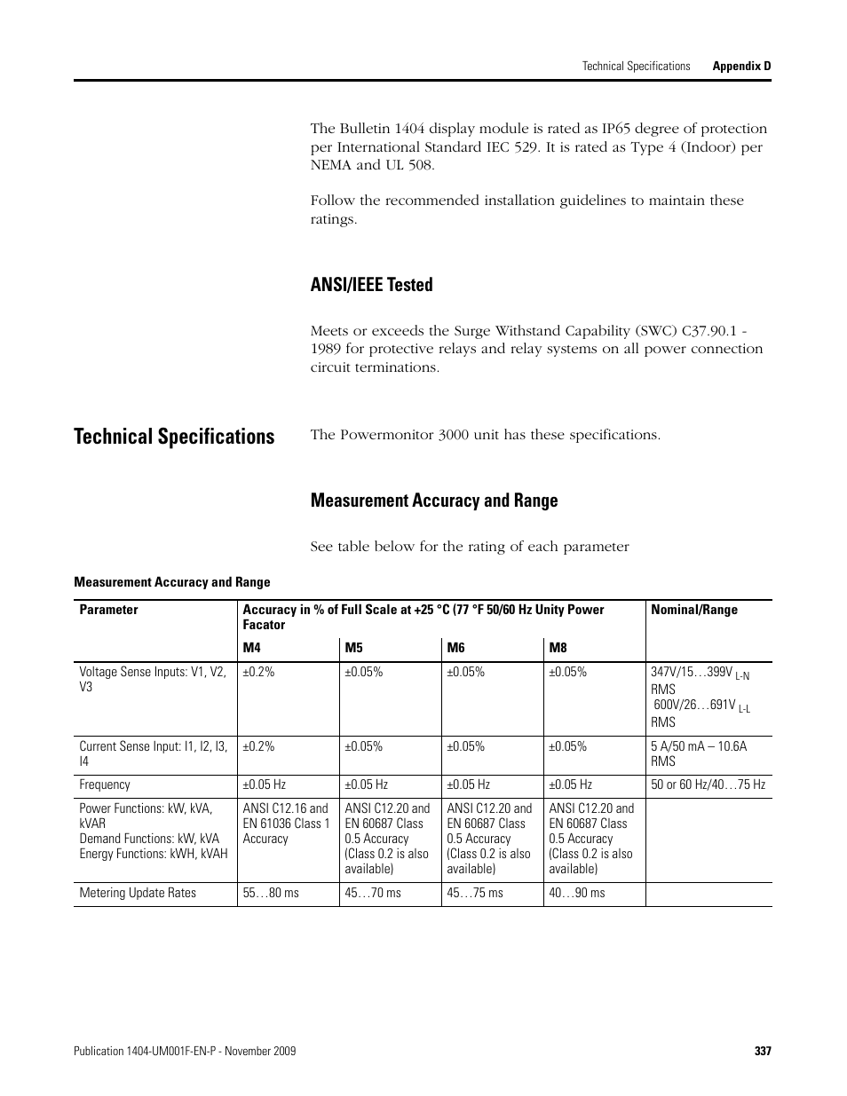 Technical specifications, Measurement accuracy and range, Ansi/ieee tested | Rockwell Automation 1404-M4_M5_M6_M8 Powermonitor 3000 User Manual, Firmware rev. 3.0 or LATER User Manual | Page 337 / 356