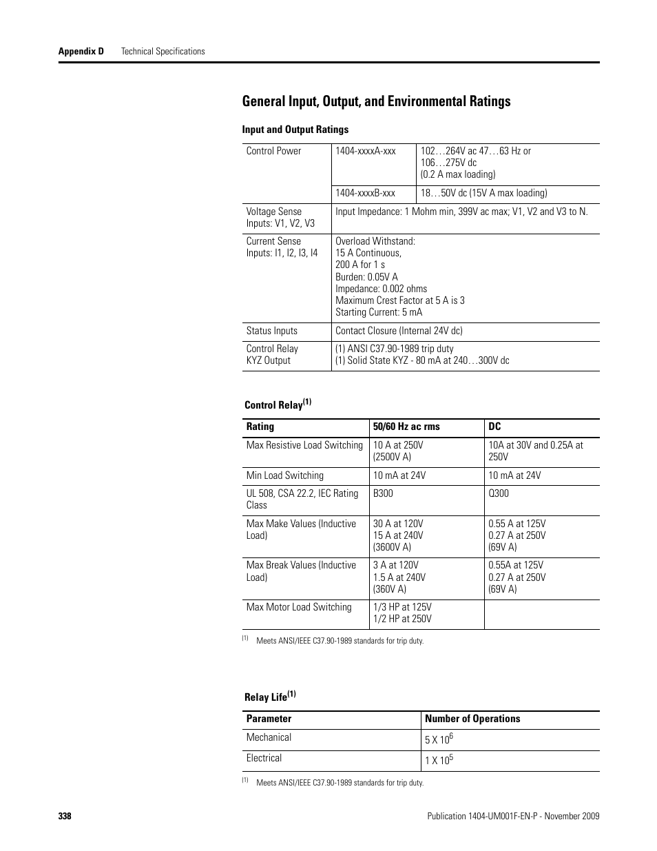 Input and output ratings, Control relay, Relay life | General input, output, and environmental ratings | Rockwell Automation 1404-M4_M5_M6_M8 Powermonitor 3000 User Manual, Firmware rev. 3.0 or LATER User Manual | Page 338 / 356