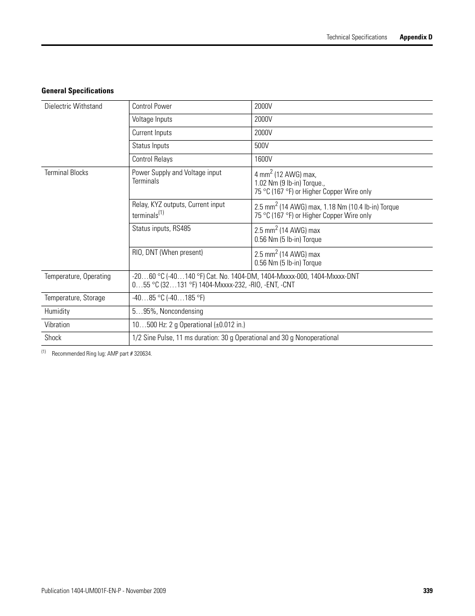 General specifications | Rockwell Automation 1404-M4_M5_M6_M8 Powermonitor 3000 User Manual, Firmware rev. 3.0 or LATER User Manual | Page 339 / 356