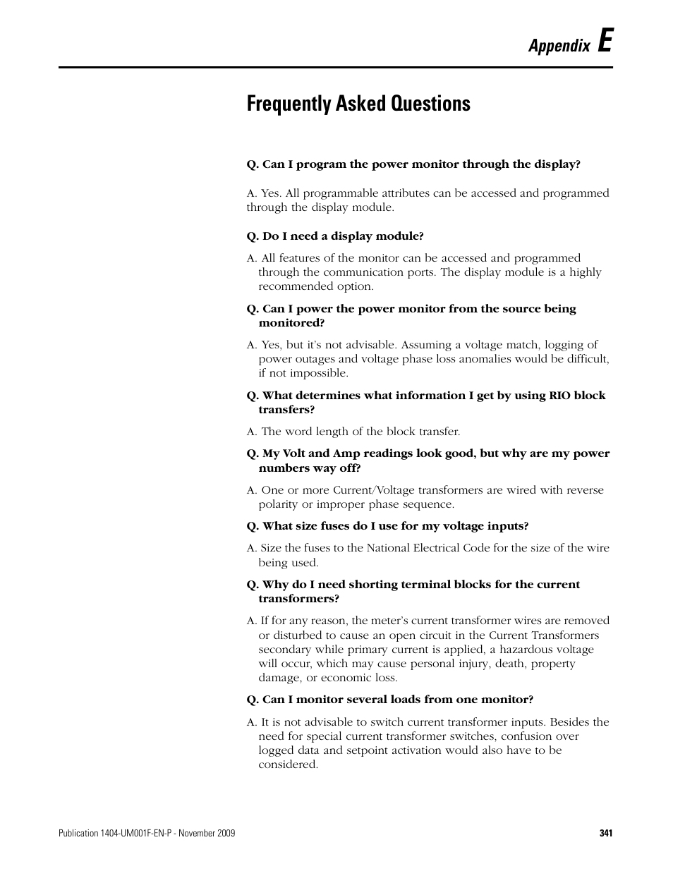 E - frequently asked questions, Appendix e, Frequently asked questions | Appendix | Rockwell Automation 1404-M4_M5_M6_M8 Powermonitor 3000 User Manual, Firmware rev. 3.0 or LATER User Manual | Page 341 / 356