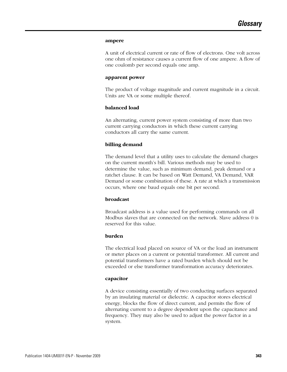 Glossary | Rockwell Automation 1404-M4_M5_M6_M8 Powermonitor 3000 User Manual, Firmware rev. 3.0 or LATER User Manual | Page 343 / 356