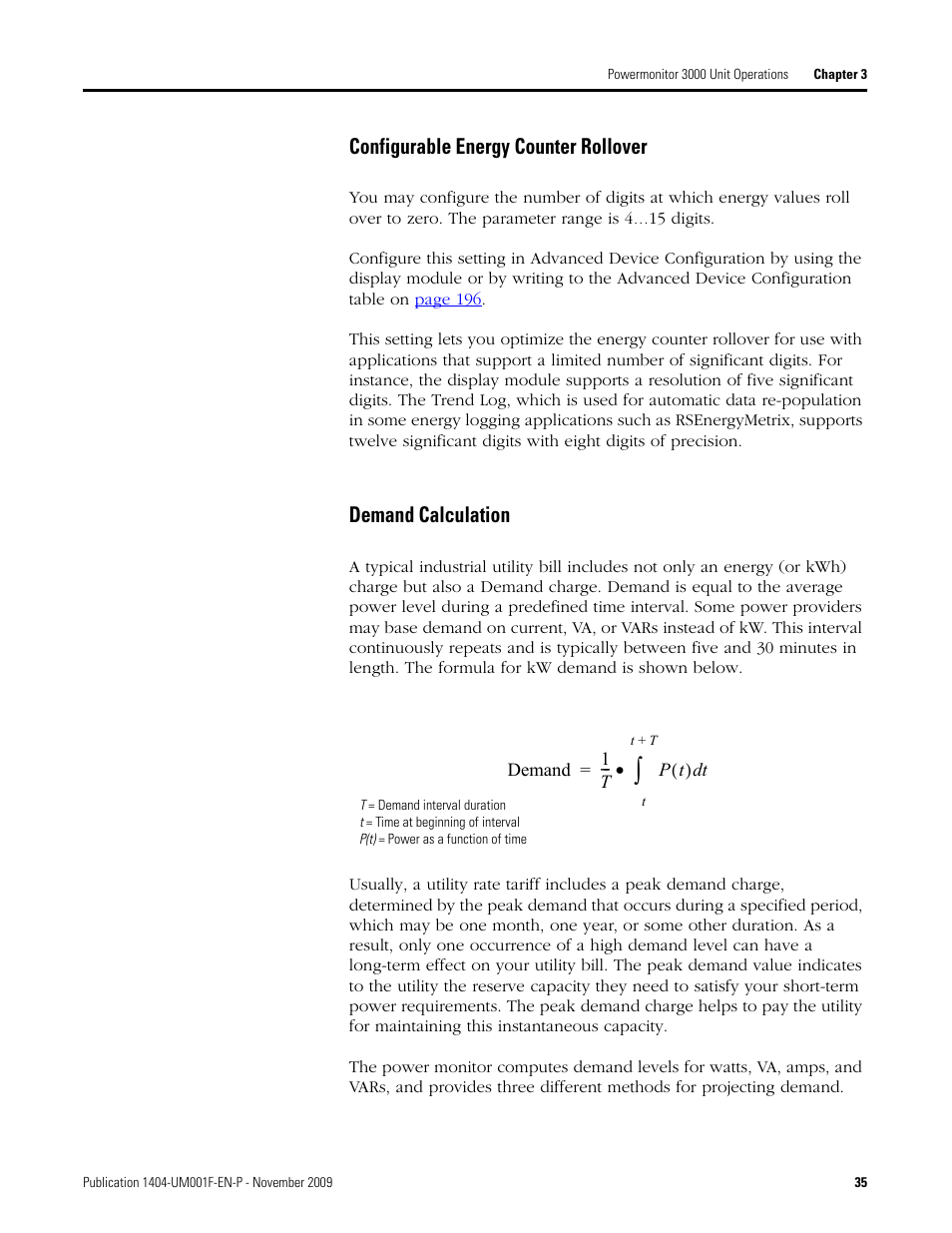 Configurable energy counter rollover, Demand calculation | Rockwell Automation 1404-M4_M5_M6_M8 Powermonitor 3000 User Manual, Firmware rev. 3.0 or LATER User Manual | Page 35 / 356