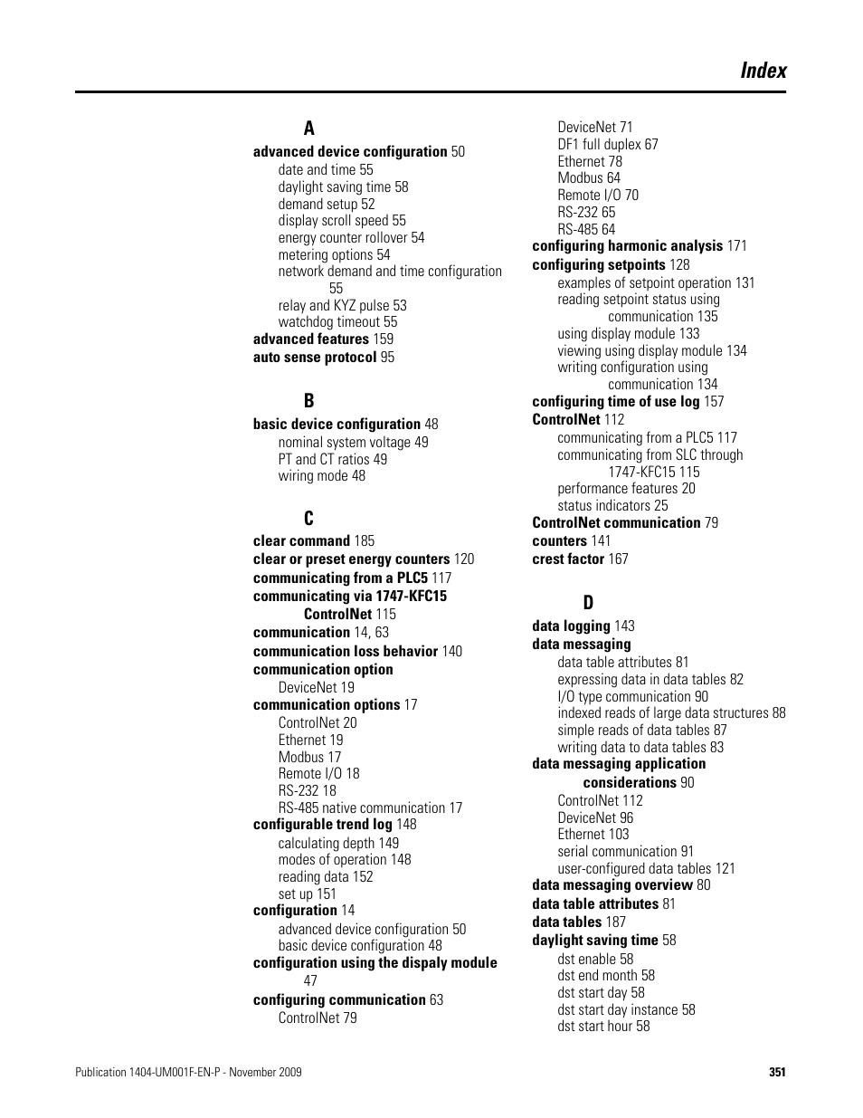 Index | Rockwell Automation 1404-M4_M5_M6_M8 Powermonitor 3000 User Manual, Firmware rev. 3.0 or LATER User Manual | Page 351 / 356