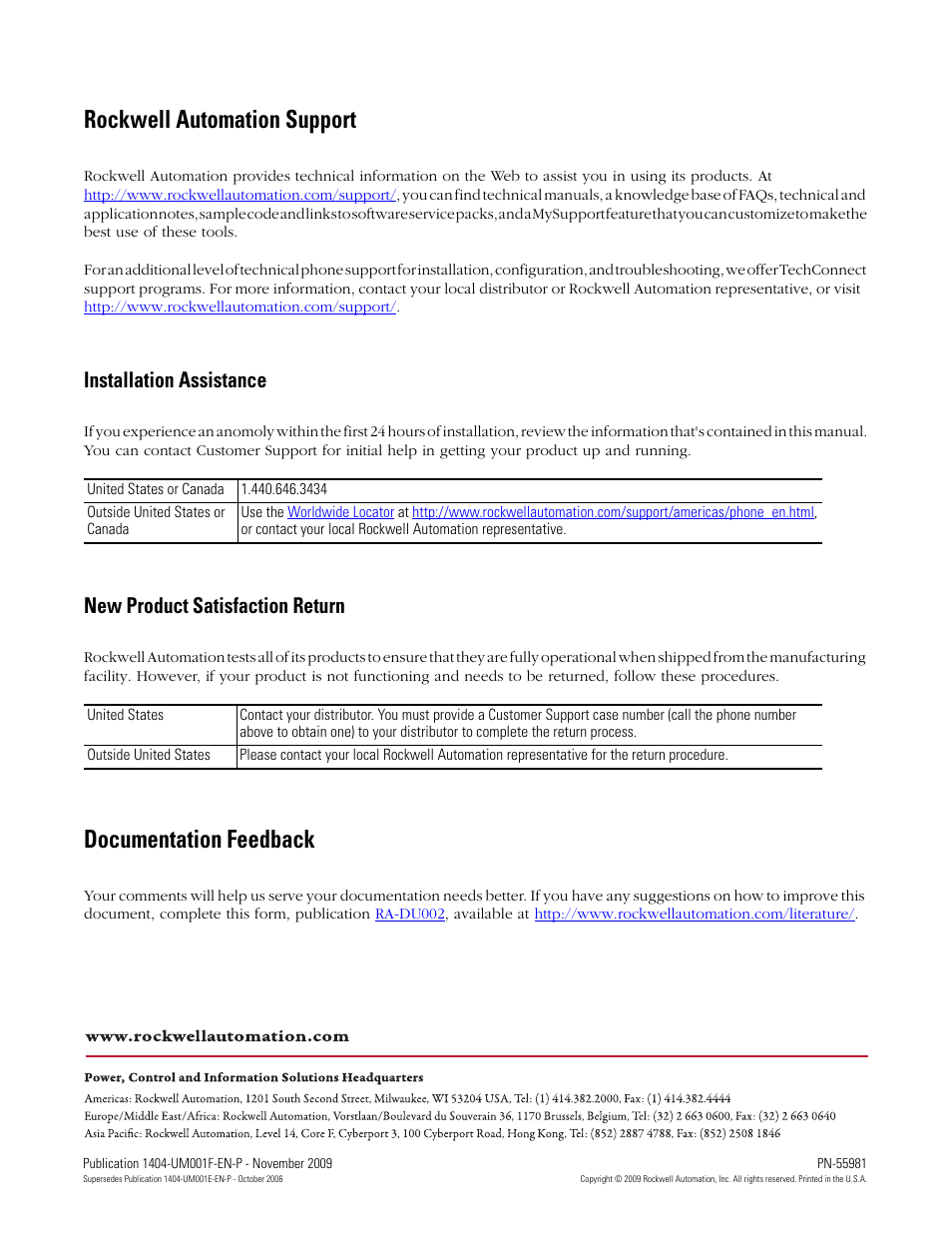 Back cover, Hnical support for assistance, Refer to rockwell automation | Support, On the back, Rockwell automation support, Documentation feedback, Installation assistance, New product satisfaction return | Rockwell Automation 1404-M4_M5_M6_M8 Powermonitor 3000 User Manual, Firmware rev. 3.0 or LATER User Manual | Page 356 / 356