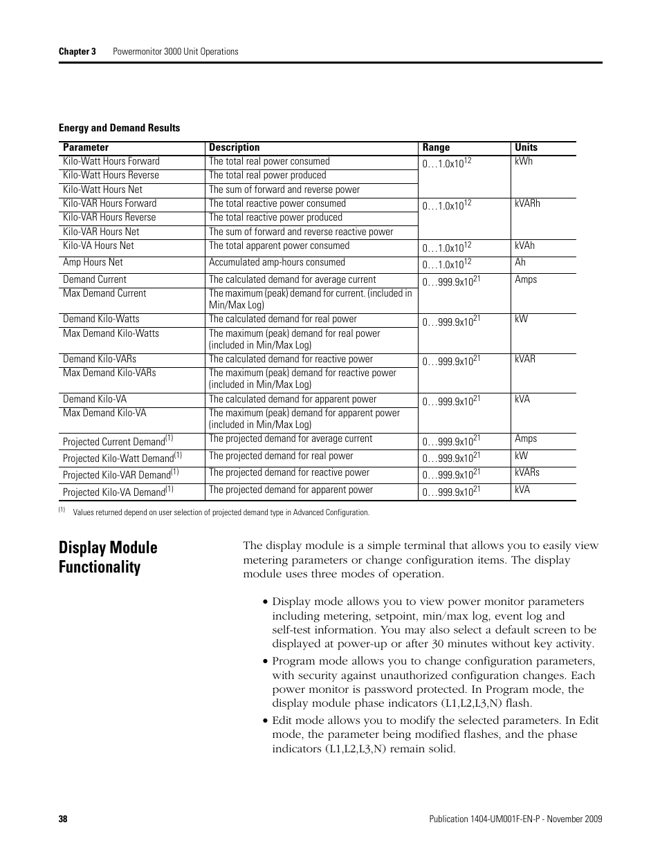 Energy and demand results, Display module functionality | Rockwell Automation 1404-M4_M5_M6_M8 Powermonitor 3000 User Manual, Firmware rev. 3.0 or LATER User Manual | Page 38 / 356