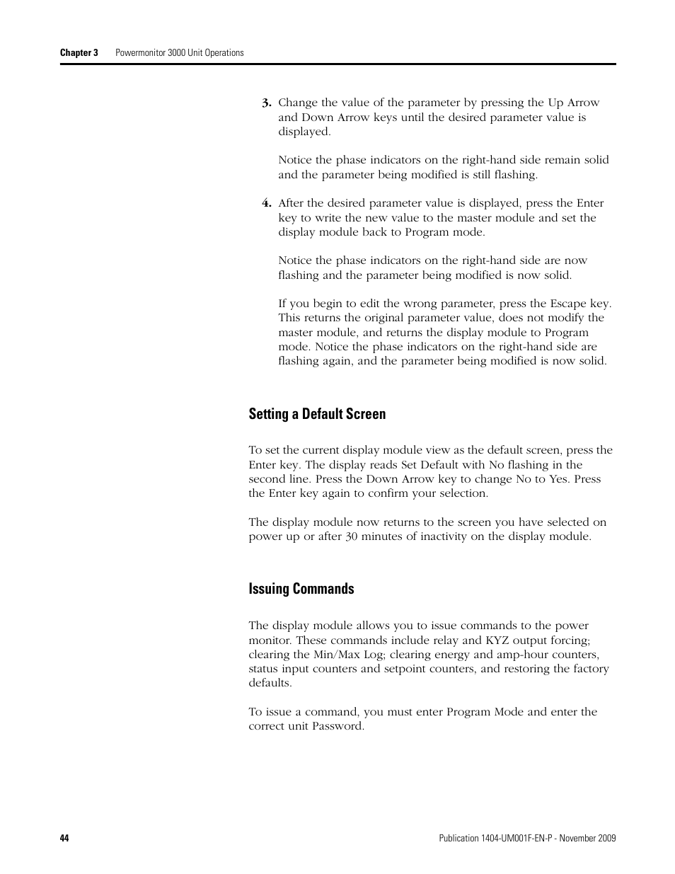 Setting a default screen, Issuing commands | Rockwell Automation 1404-M4_M5_M6_M8 Powermonitor 3000 User Manual, Firmware rev. 3.0 or LATER User Manual | Page 44 / 356