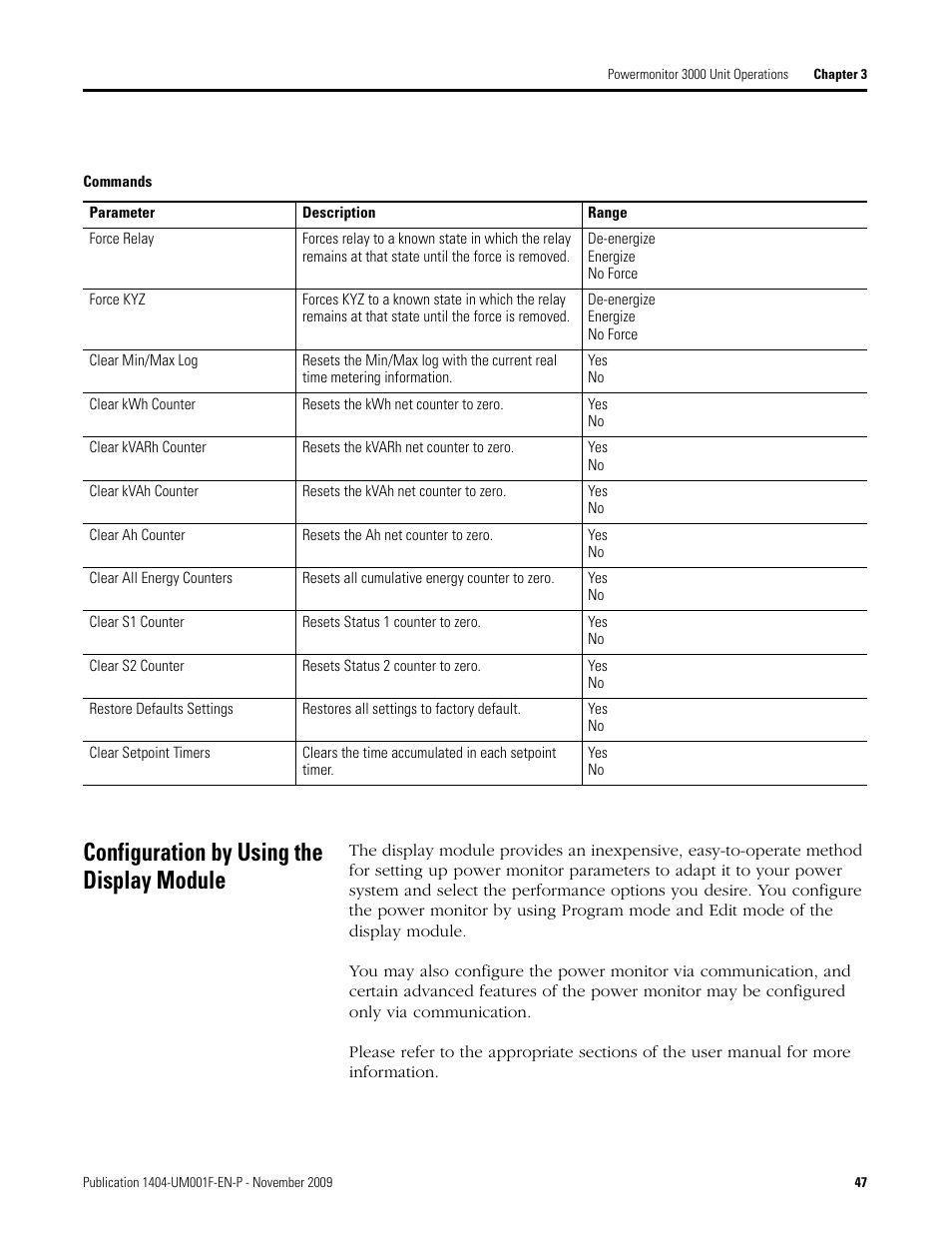 Commands, Configuration by using the display module | Rockwell Automation 1404-M4_M5_M6_M8 Powermonitor 3000 User Manual, Firmware rev. 3.0 or LATER User Manual | Page 47 / 356