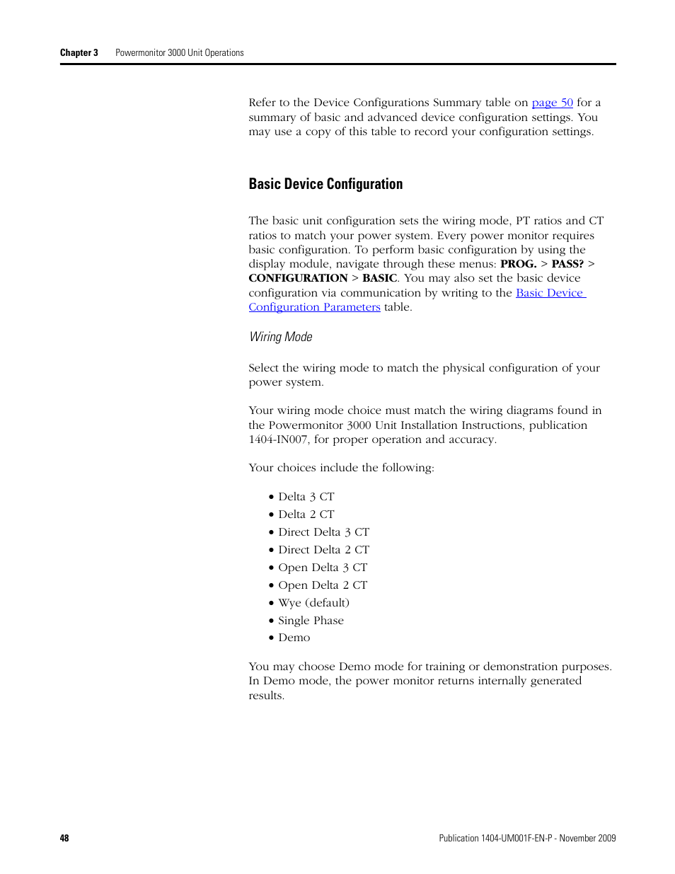 Basic device configuration | Rockwell Automation 1404-M4_M5_M6_M8 Powermonitor 3000 User Manual, Firmware rev. 3.0 or LATER User Manual | Page 48 / 356