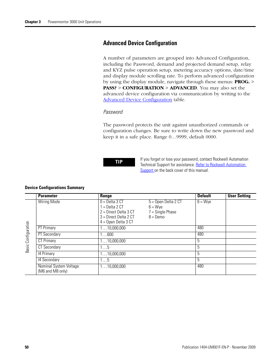 Device configurations summary, Refer to the device configurations summary tab, Advanced device configuration | Rockwell Automation 1404-M4_M5_M6_M8 Powermonitor 3000 User Manual, Firmware rev. 3.0 or LATER User Manual | Page 50 / 356