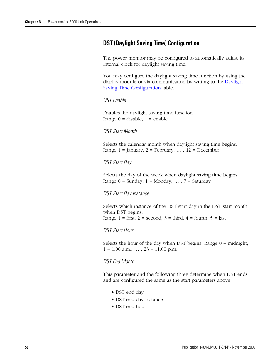 Dst (daylight saving time) configuration | Rockwell Automation 1404-M4_M5_M6_M8 Powermonitor 3000 User Manual, Firmware rev. 3.0 or LATER User Manual | Page 58 / 356