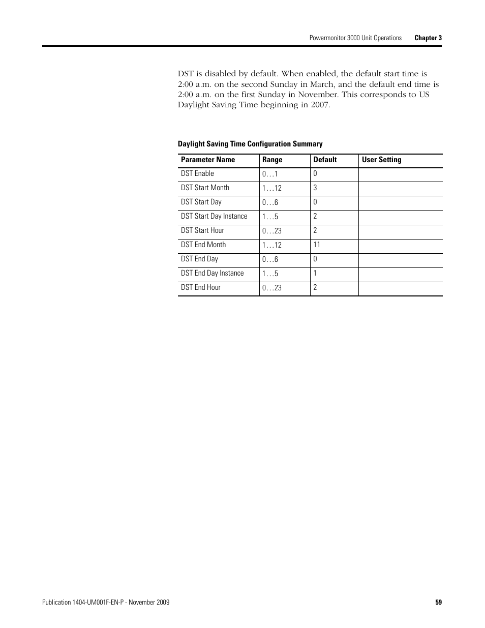 Daylight saving time configuration summary | Rockwell Automation 1404-M4_M5_M6_M8 Powermonitor 3000 User Manual, Firmware rev. 3.0 or LATER User Manual | Page 59 / 356