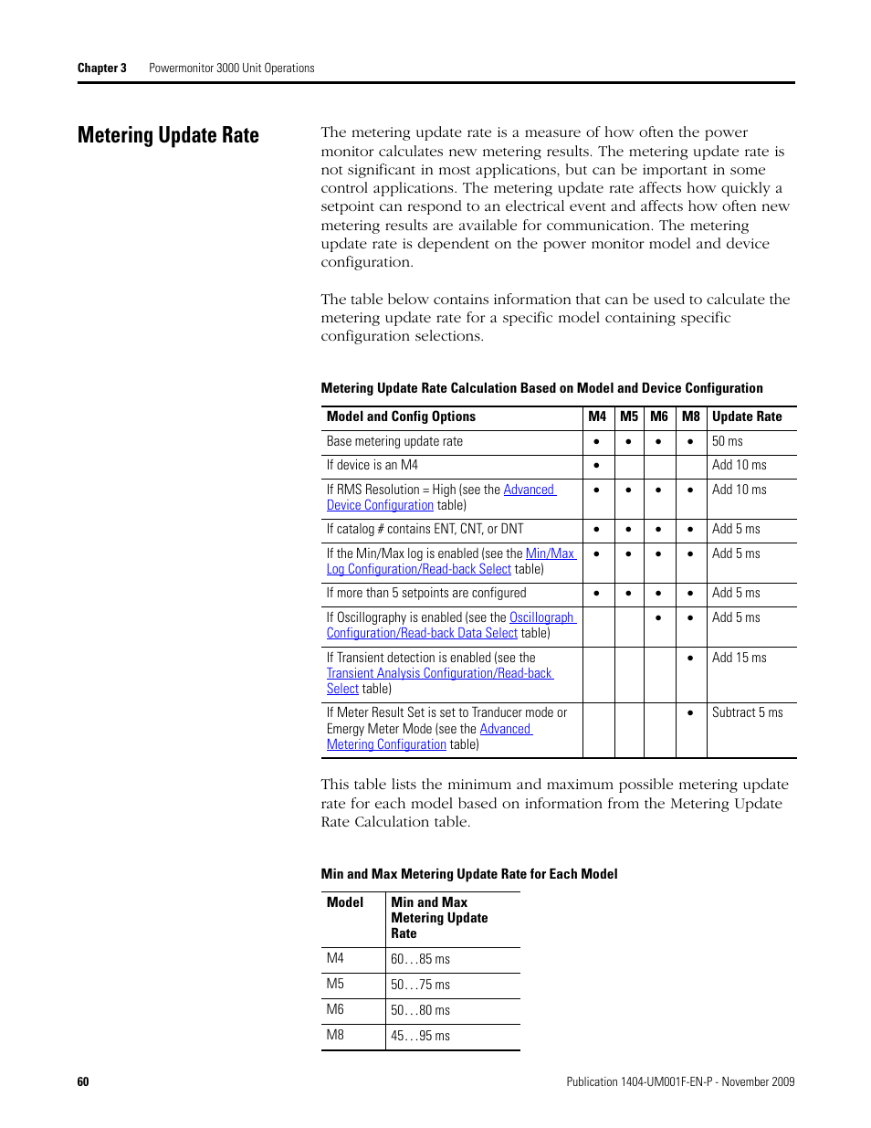 Metering update rate, Min and max metering update rate for each model | Rockwell Automation 1404-M4_M5_M6_M8 Powermonitor 3000 User Manual, Firmware rev. 3.0 or LATER User Manual | Page 60 / 356