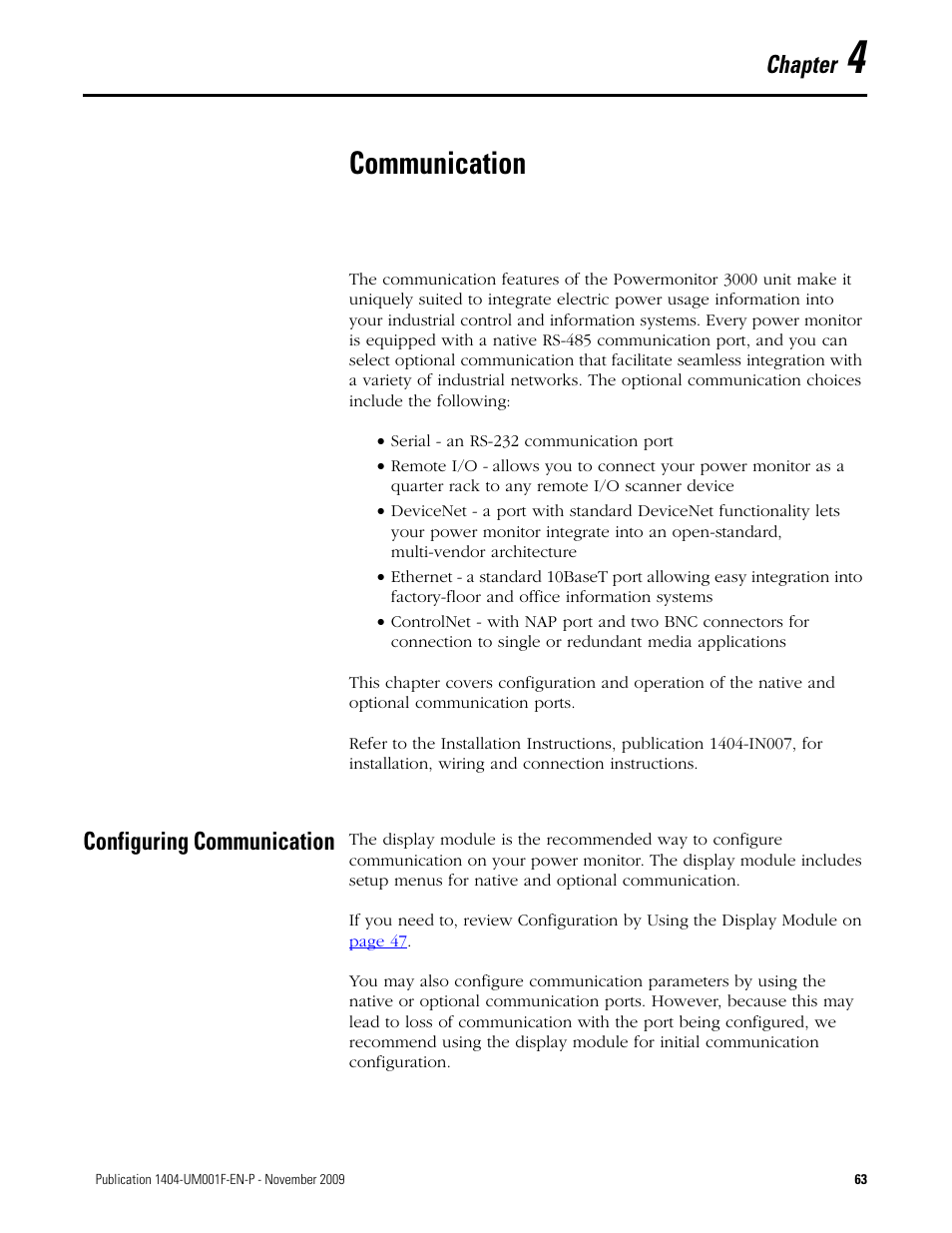 4 - communication, Configuring communication, Chapter 4 | Communication, Chapter | Rockwell Automation 1404-M4_M5_M6_M8 Powermonitor 3000 User Manual, Firmware rev. 3.0 or LATER User Manual | Page 63 / 356