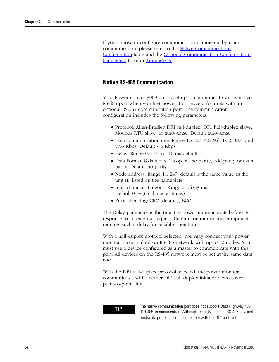 Native rs-485 communication | Rockwell Automation 1404-M4_M5_M6_M8 Powermonitor 3000 User Manual, Firmware rev. 3.0 or LATER User Manual | Page 64 / 356