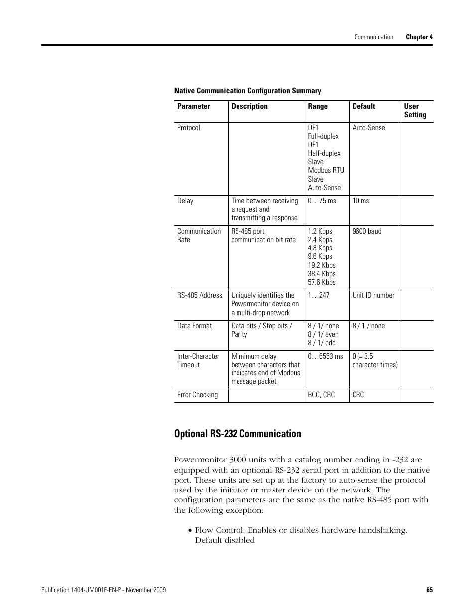 Native communication configuration summary, Optional rs-232 communication | Rockwell Automation 1404-M4_M5_M6_M8 Powermonitor 3000 User Manual, Firmware rev. 3.0 or LATER User Manual | Page 65 / 356