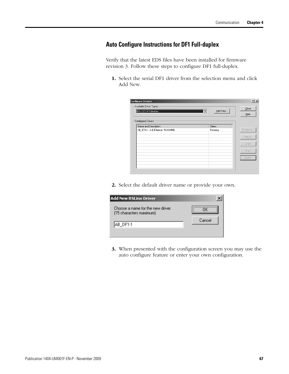 Auto configure instructions for df1 full-duplex | Rockwell Automation 1404-M4_M5_M6_M8 Powermonitor 3000 User Manual, Firmware rev. 3.0 or LATER User Manual | Page 67 / 356