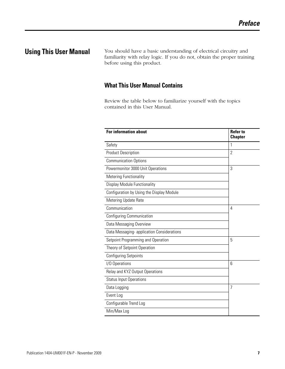 Preface, Using this user manual, Preface using this user manual | What this user manual contains | Rockwell Automation 1404-M4_M5_M6_M8 Powermonitor 3000 User Manual, Firmware rev. 3.0 or LATER User Manual | Page 7 / 356