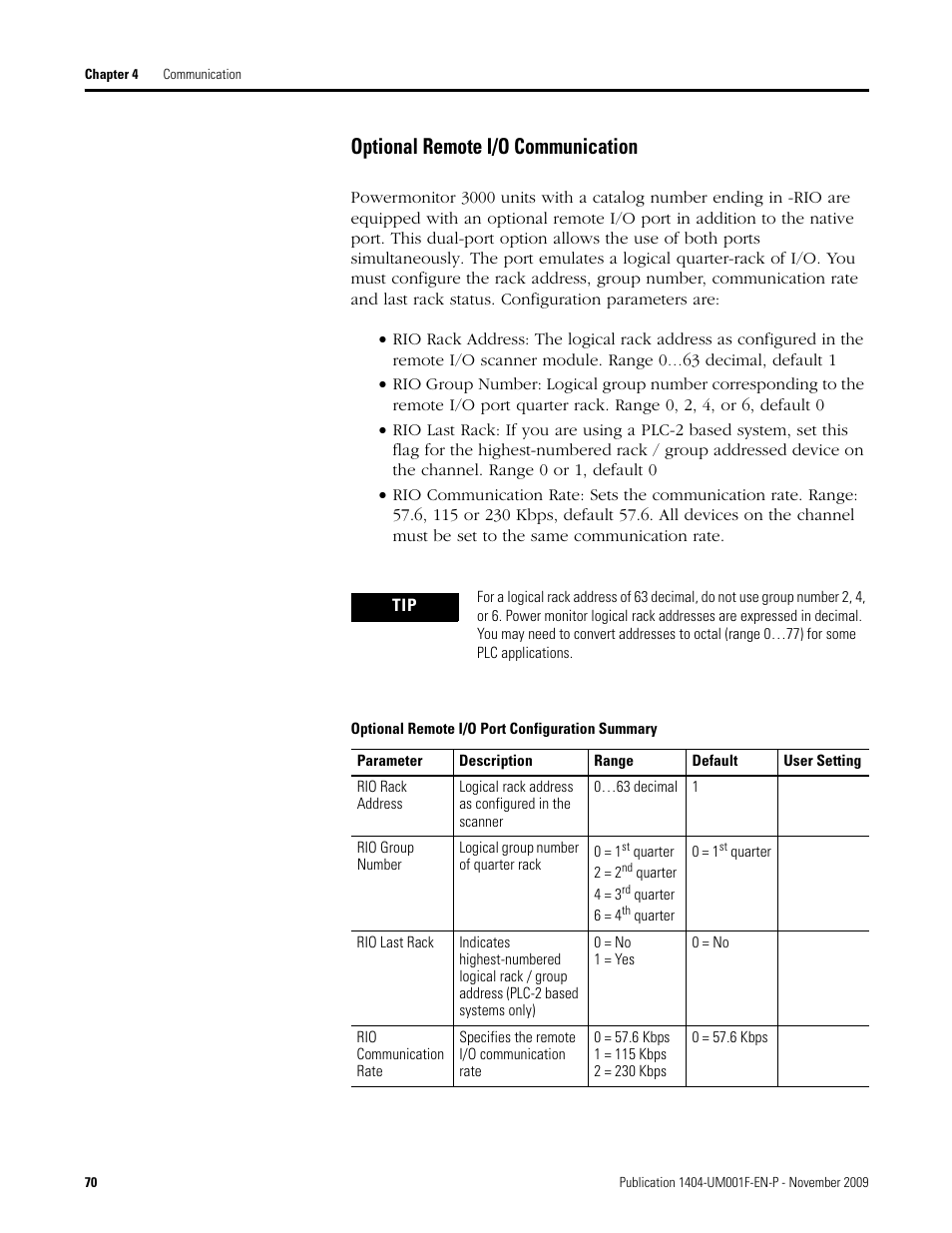 Optional remote i/o port configuration summary, Optional remote i/o communication | Rockwell Automation 1404-M4_M5_M6_M8 Powermonitor 3000 User Manual, Firmware rev. 3.0 or LATER User Manual | Page 70 / 356