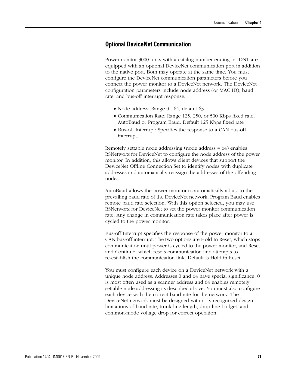 Optional devicenet communication | Rockwell Automation 1404-M4_M5_M6_M8 Powermonitor 3000 User Manual, Firmware rev. 3.0 or LATER User Manual | Page 71 / 356