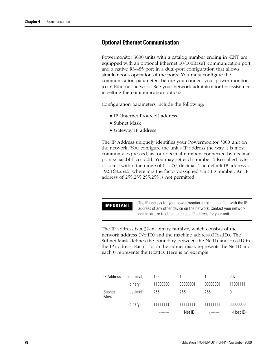Optional ethernet communication | Rockwell Automation 1404-M4_M5_M6_M8 Powermonitor 3000 User Manual, Firmware rev. 3.0 or LATER User Manual | Page 78 / 356