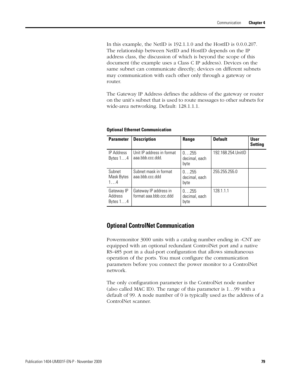 Optional ethernet communication, Optional controlnet communication | Rockwell Automation 1404-M4_M5_M6_M8 Powermonitor 3000 User Manual, Firmware rev. 3.0 or LATER User Manual | Page 79 / 356