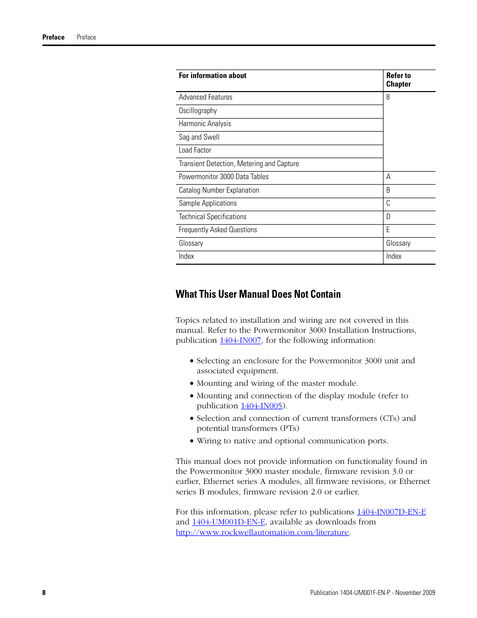 What this user manual does not contain | Rockwell Automation 1404-M4_M5_M6_M8 Powermonitor 3000 User Manual, Firmware rev. 3.0 or LATER User Manual | Page 8 / 356
