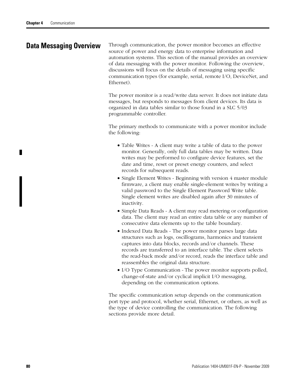 Data messaging overview | Rockwell Automation 1404-M4_M5_M6_M8 Powermonitor 3000 User Manual, Firmware rev. 3.0 or LATER User Manual | Page 80 / 356