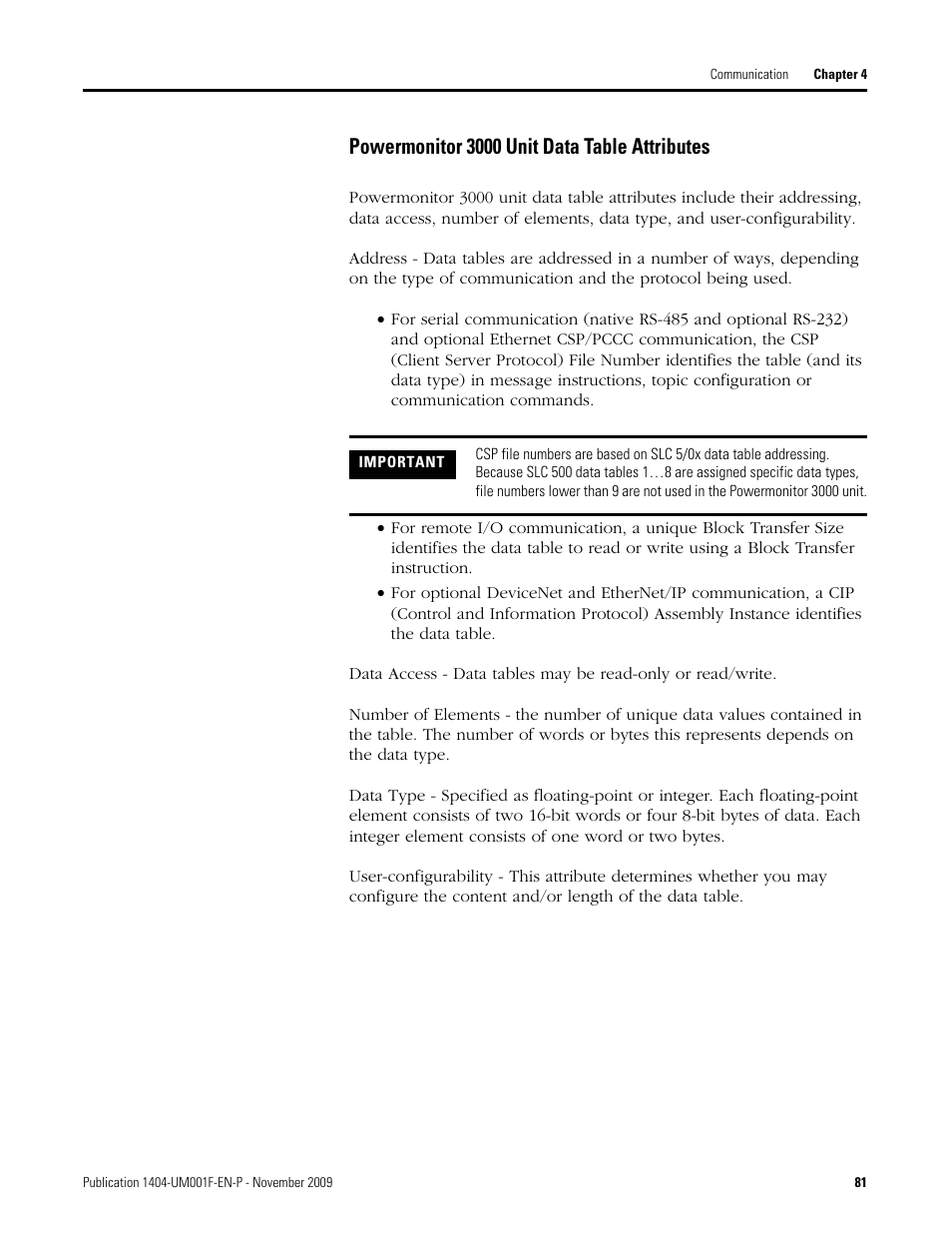 Powermonitor 3000 unit data table attributes | Rockwell Automation 1404-M4_M5_M6_M8 Powermonitor 3000 User Manual, Firmware rev. 3.0 or LATER User Manual | Page 81 / 356