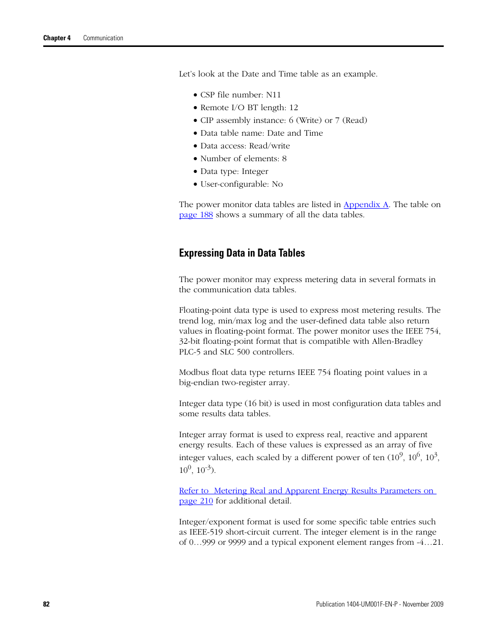 Expressing data in data tables | Rockwell Automation 1404-M4_M5_M6_M8 Powermonitor 3000 User Manual, Firmware rev. 3.0 or LATER User Manual | Page 82 / 356