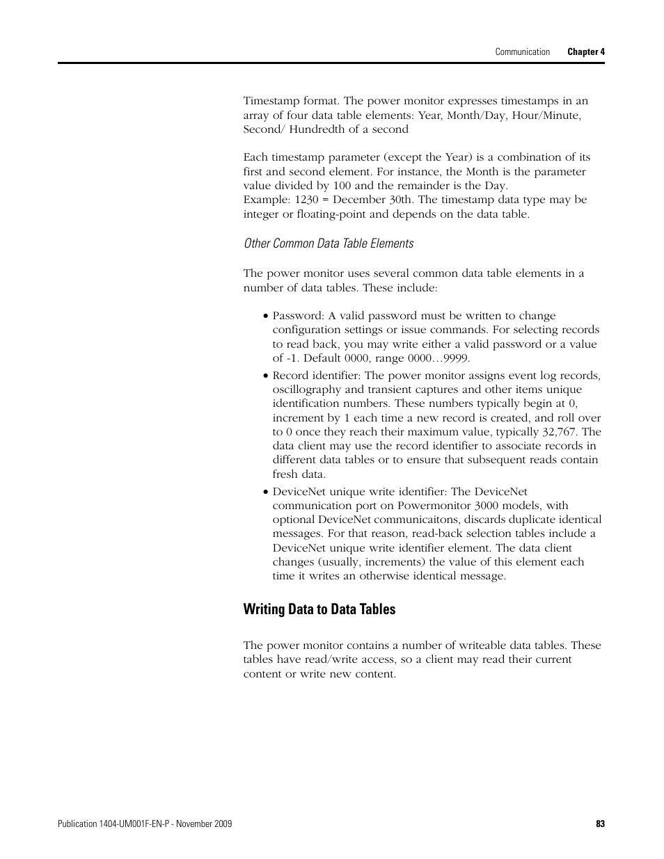 Writing data to data tables | Rockwell Automation 1404-M4_M5_M6_M8 Powermonitor 3000 User Manual, Firmware rev. 3.0 or LATER User Manual | Page 83 / 356