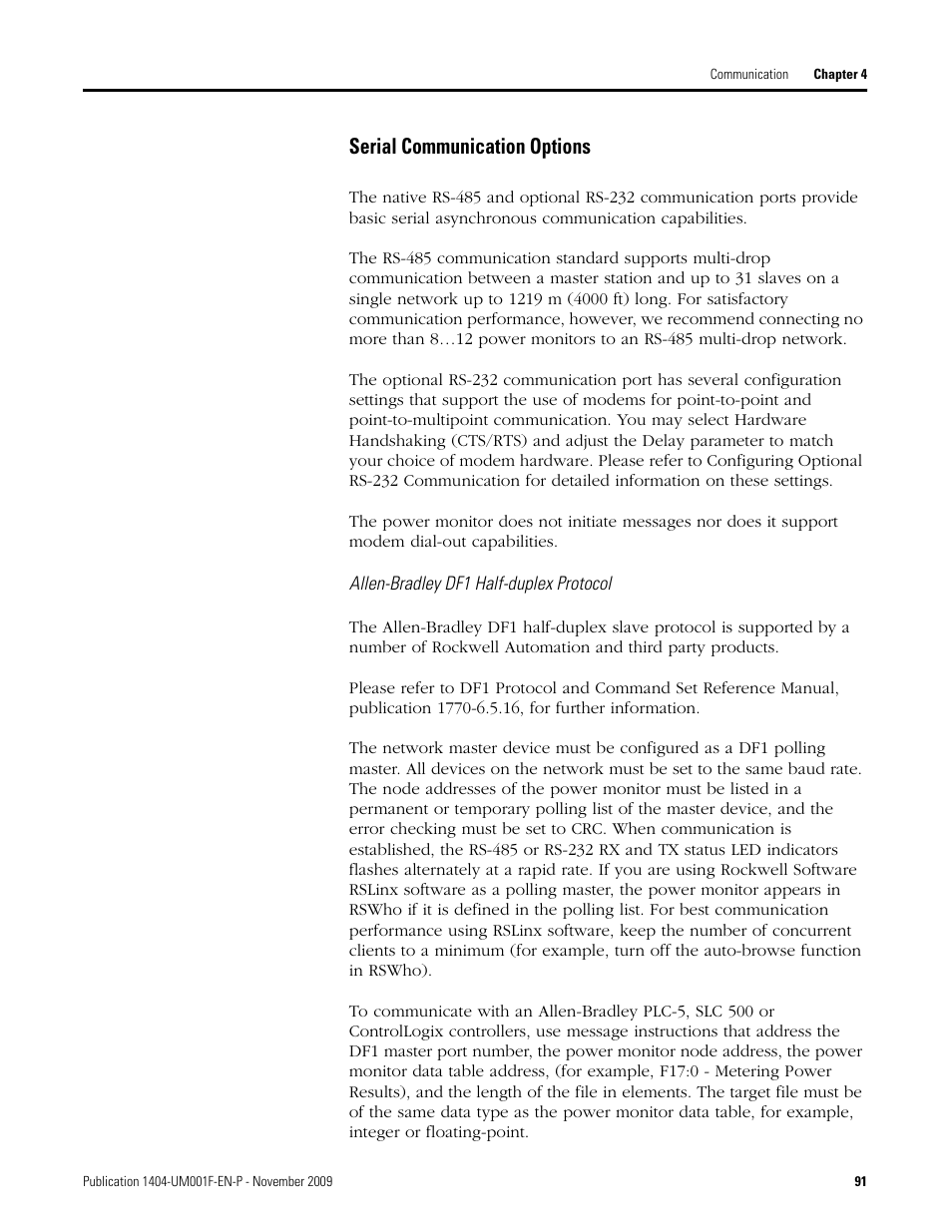 Serial communication options | Rockwell Automation 1404-M4_M5_M6_M8 Powermonitor 3000 User Manual, Firmware rev. 3.0 or LATER User Manual | Page 91 / 356
