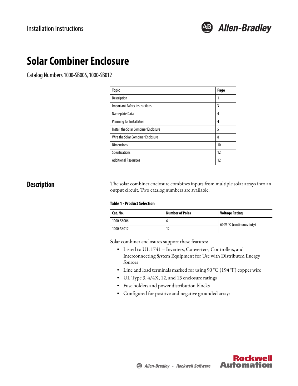 Rockwell Automation 1000-SB012 Solar Combination Enclosure User Manual | 12 pages