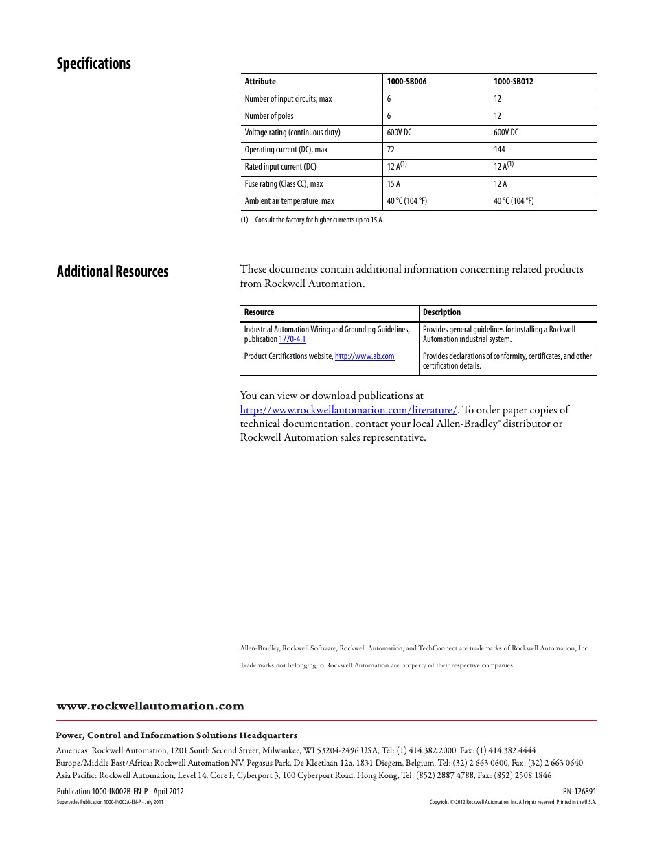 Specifications, Additional resources, Specifications additional resources | Rockwell Automation 1000-SB012 Solar Combination Enclosure User Manual | Page 12 / 12