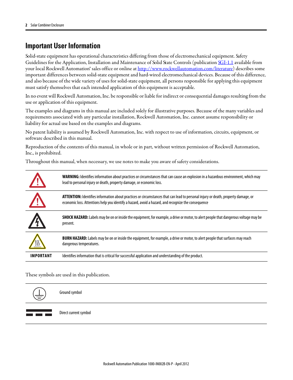 Important user information | Rockwell Automation 1000-SB012 Solar Combination Enclosure User Manual | Page 2 / 12