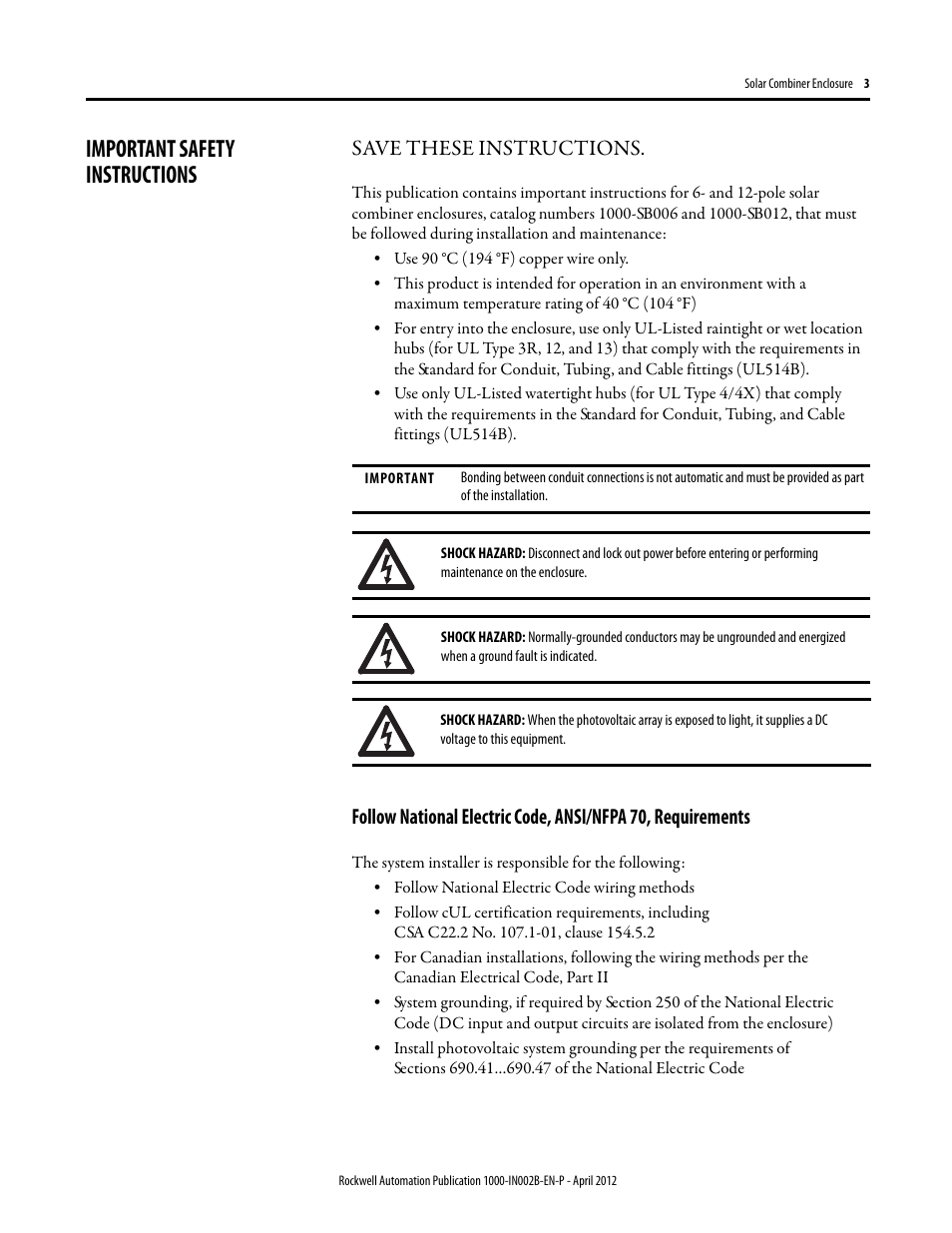 Important safety instructions, Save these instructions | Rockwell Automation 1000-SB012 Solar Combination Enclosure User Manual | Page 3 / 12