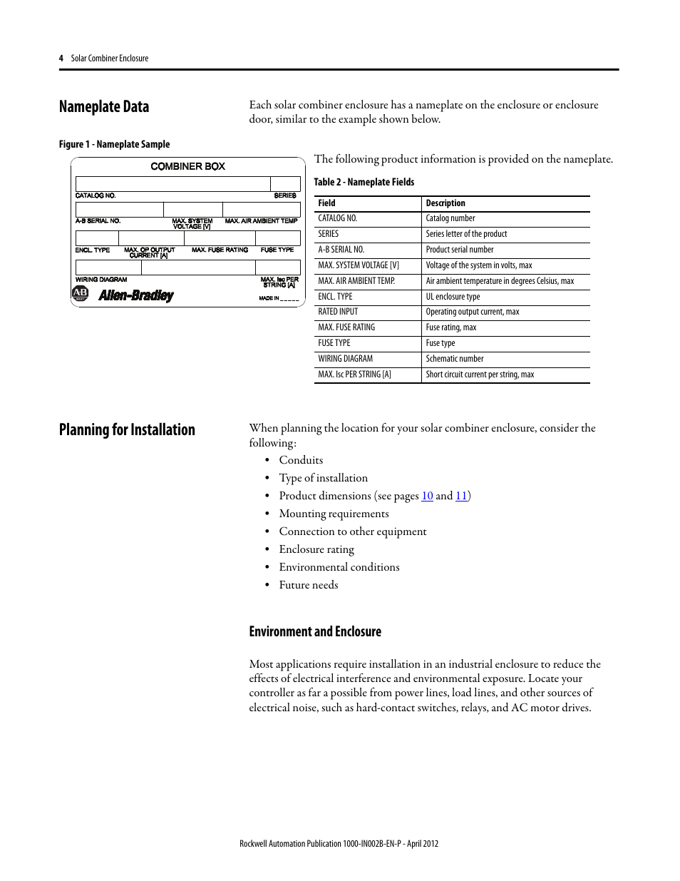 Nameplate data, Planning for installation, Environment and enclosure | Rockwell Automation 1000-SB012 Solar Combination Enclosure User Manual | Page 4 / 12