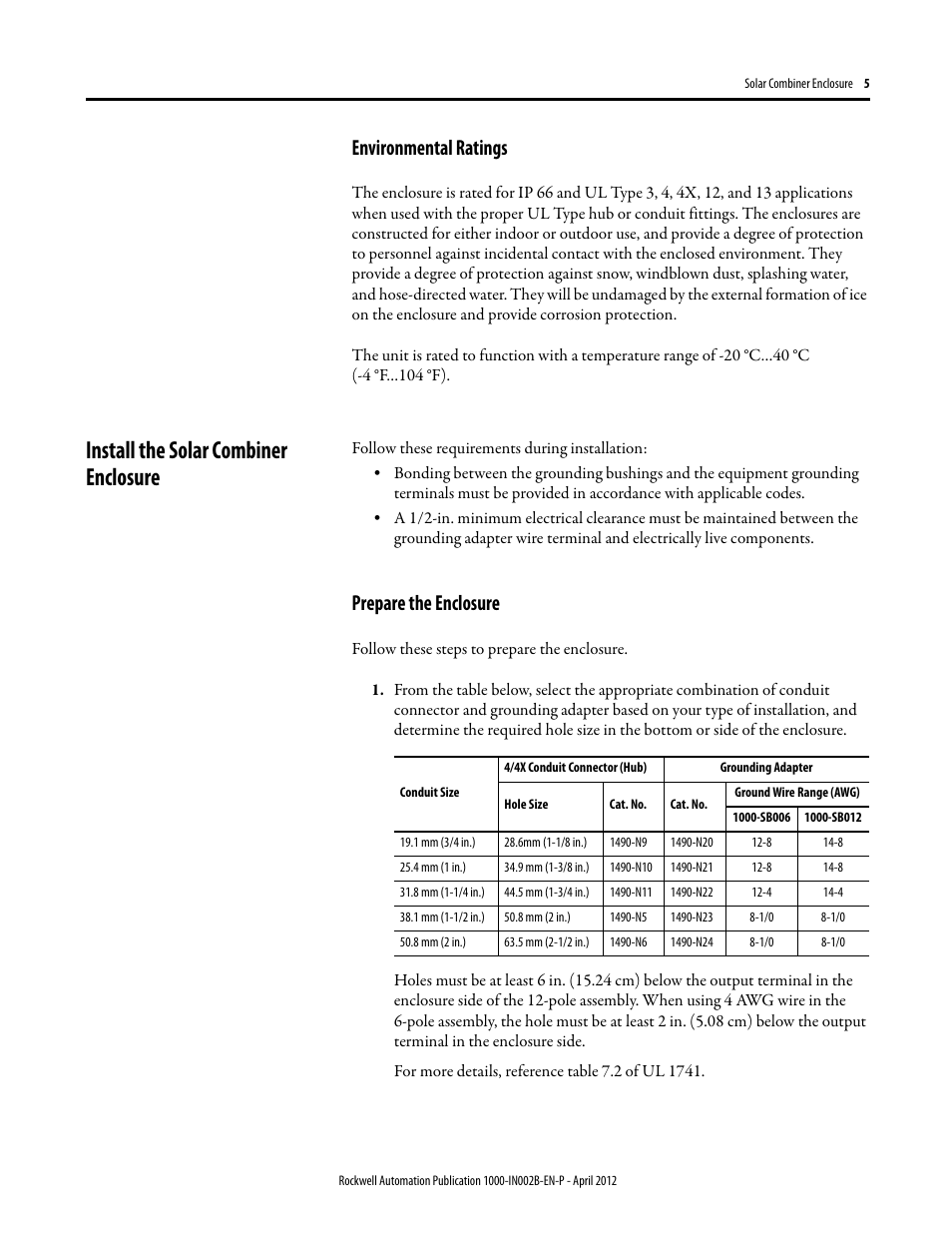 Environmental ratings, Install the solar combiner enclosure, Prepare the enclosure | Rockwell Automation 1000-SB012 Solar Combination Enclosure User Manual | Page 5 / 12
