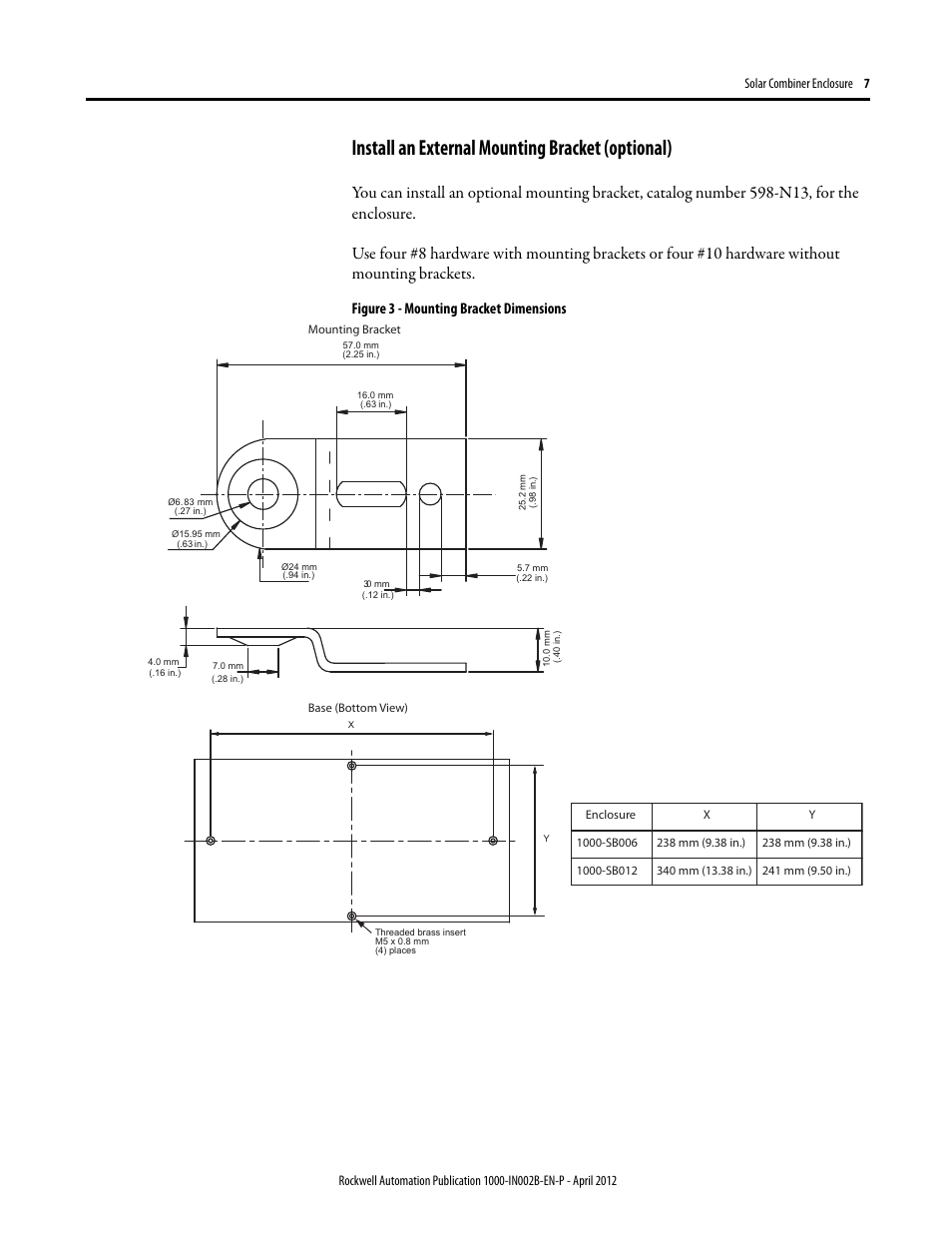 Install an external mounting bracket (optional), Figure 3 - mounting bracket dimensions | Rockwell Automation 1000-SB012 Solar Combination Enclosure User Manual | Page 7 / 12