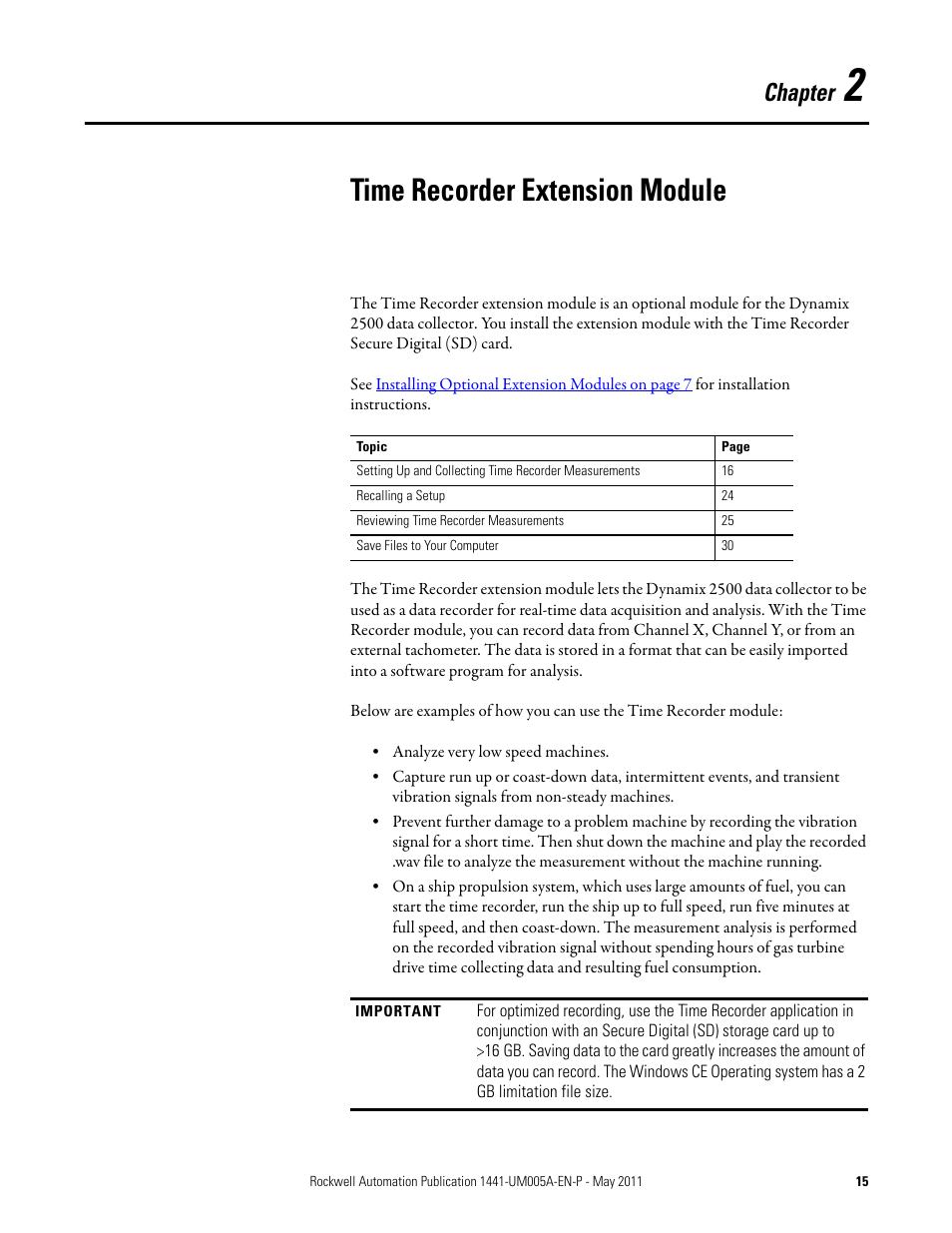 Time recorder extension module, Chapter 2, Chapter | Rockwell Automation 1441-DYN25-MREC Time Recorder Extension Module for the Dynamix 2500 User Manual | Page 15 / 36