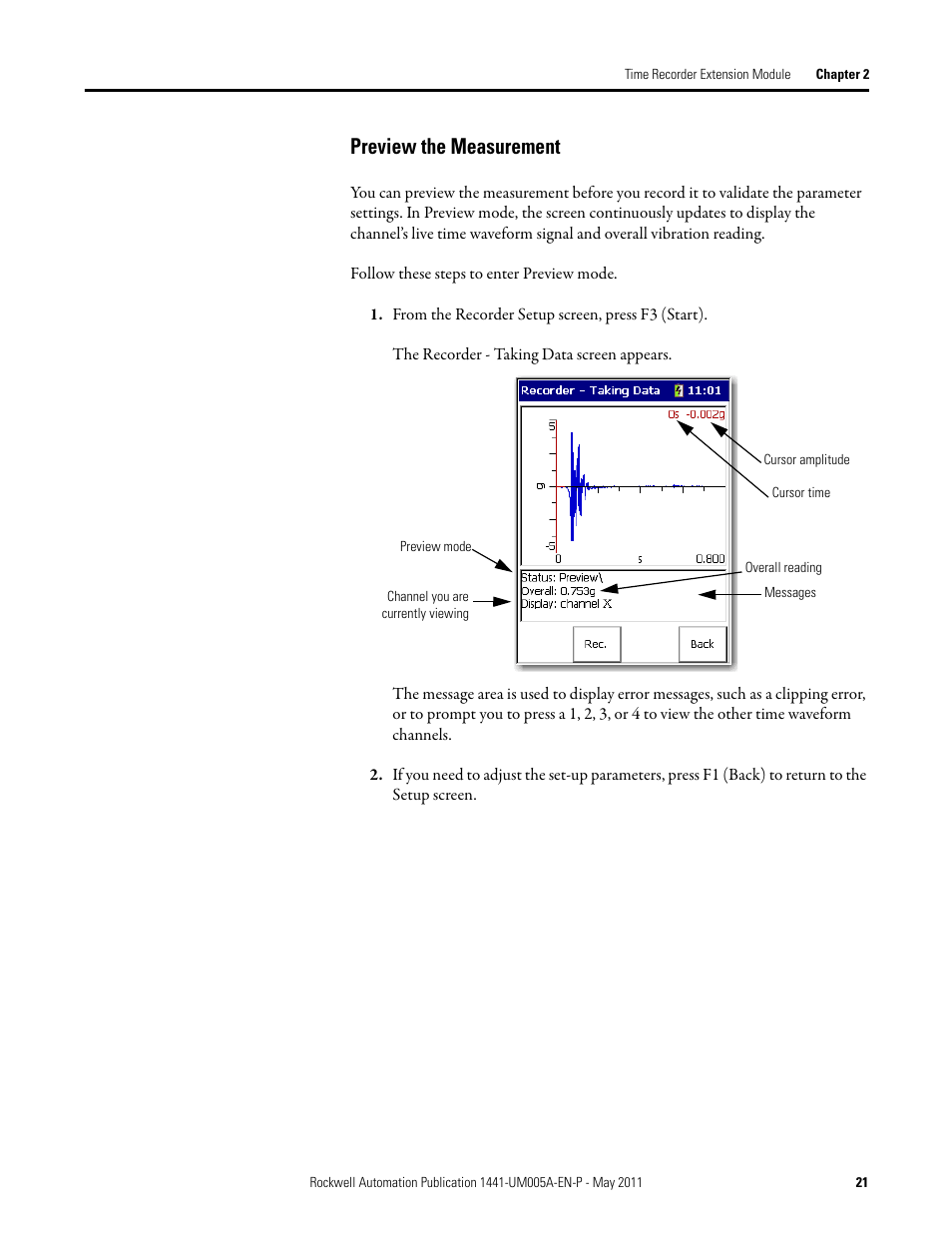 Preview the measurement | Rockwell Automation 1441-DYN25-MREC Time Recorder Extension Module for the Dynamix 2500 User Manual | Page 21 / 36