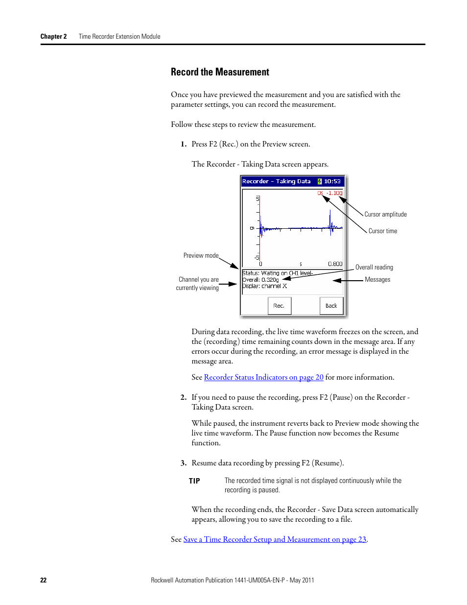 Record the measurement | Rockwell Automation 1441-DYN25-MREC Time Recorder Extension Module for the Dynamix 2500 User Manual | Page 22 / 36