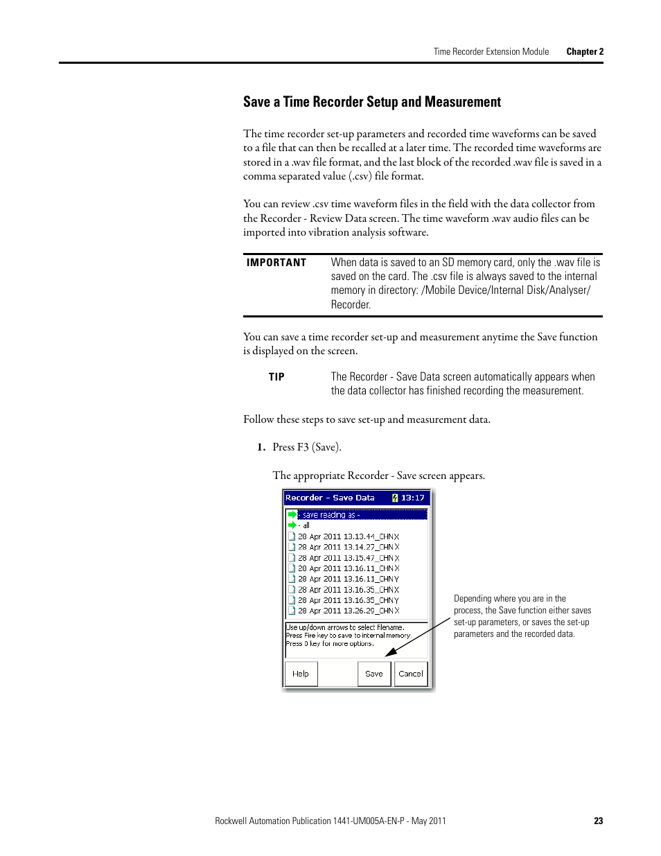 Save a time recorder setup and measurement | Rockwell Automation 1441-DYN25-MREC Time Recorder Extension Module for the Dynamix 2500 User Manual | Page 23 / 36