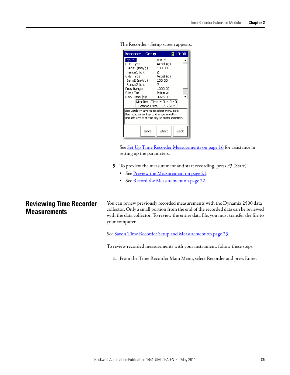 Reviewing time recorder measurements | Rockwell Automation 1441-DYN25-MREC Time Recorder Extension Module for the Dynamix 2500 User Manual | Page 25 / 36