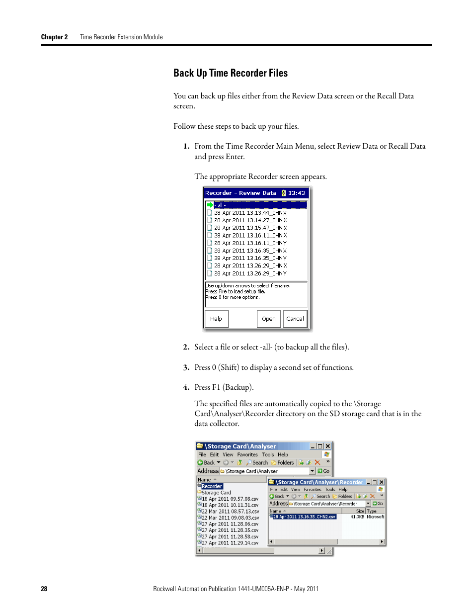 Back up time recorder files | Rockwell Automation 1441-DYN25-MREC Time Recorder Extension Module for the Dynamix 2500 User Manual | Page 28 / 36