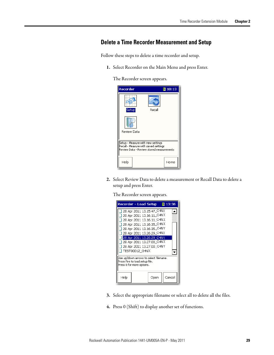Delete a time recorder measurement and setup | Rockwell Automation 1441-DYN25-MREC Time Recorder Extension Module for the Dynamix 2500 User Manual | Page 29 / 36