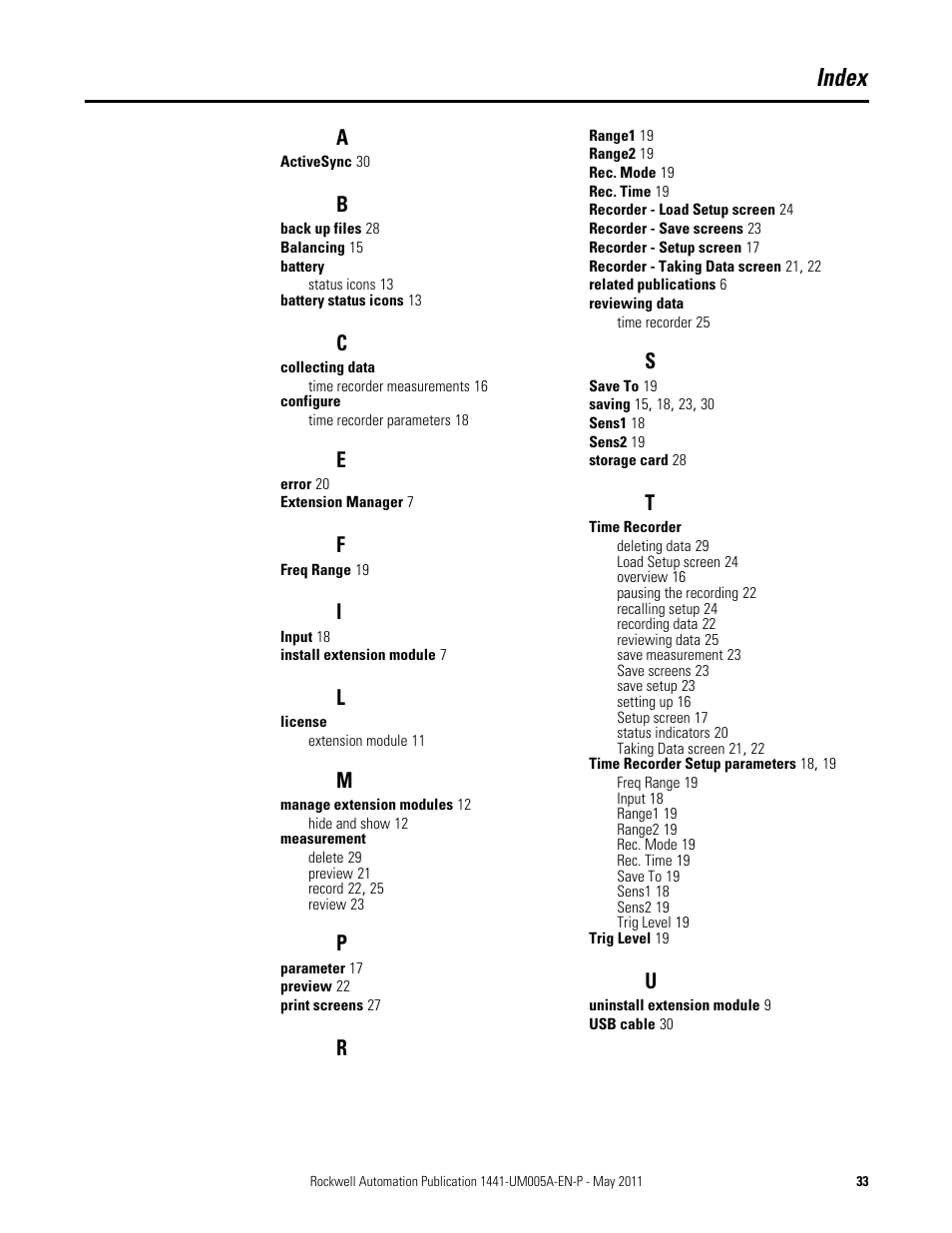 Index | Rockwell Automation 1441-DYN25-MREC Time Recorder Extension Module for the Dynamix 2500 User Manual | Page 33 / 36