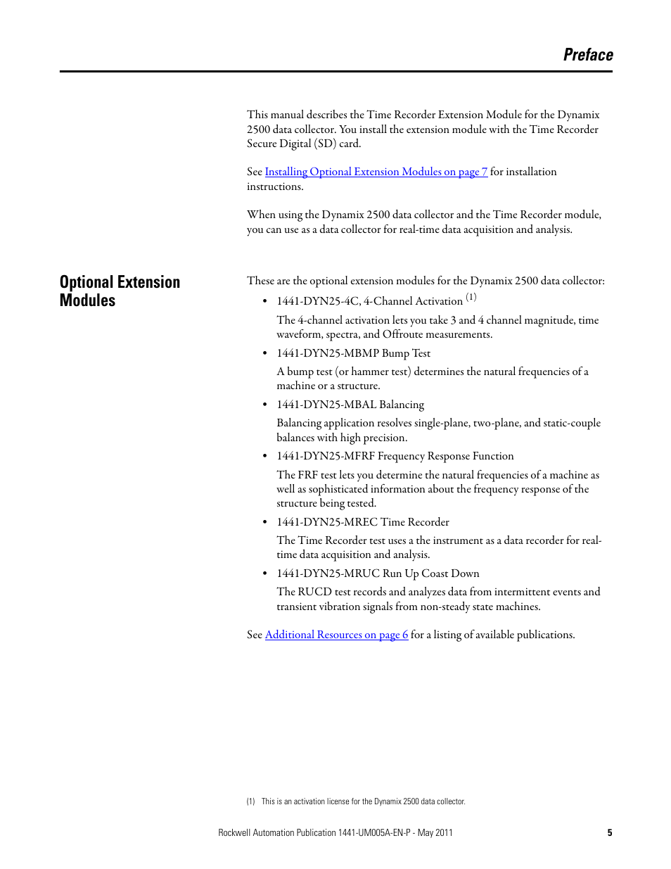 Preface, Optional extension modules | Rockwell Automation 1441-DYN25-MREC Time Recorder Extension Module for the Dynamix 2500 User Manual | Page 5 / 36